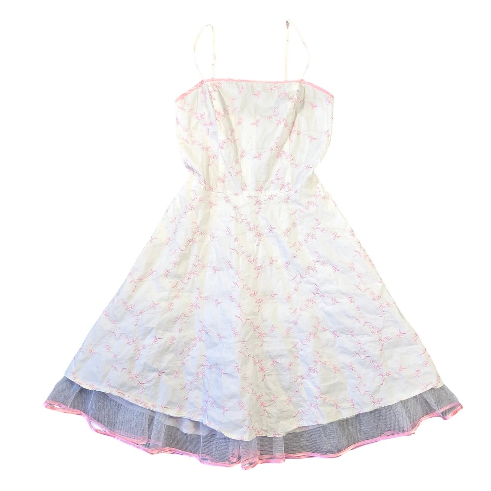 Steppin Out White Pink Floral Embroidered Tulle Hem Dress Womens Small 2000s